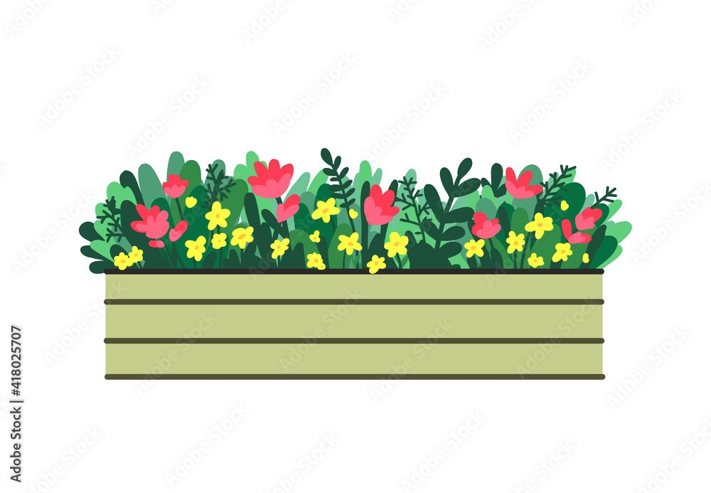 Window box with red and yellow flowers. Vector illustration in flat style.