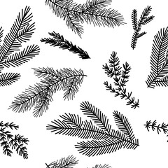 Seamless pattern background with  winter christmas holly, spruce  branches, twigs with leaves, berries. Floral botanical elements. Hand drawn line vector illustration.