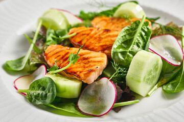 Wall Mural - Salmon Salad with Fresh Vegetables. White plate with healthy fish food on wooden table. Healthy, Vegetarian, Restaurant rustic food concept.