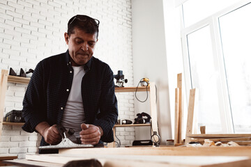 Wall Mural - Carpenter's hands planing a plank of wood with a hand plane