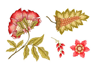 Fantasy flowers in retro, vintage, jacobean embroidery style. Embroidery imitation isolated on white background. Vector illustration. Set of elements for design, clip art.