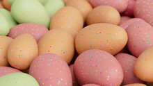 Multicolored Easter Egg Background. Beautiful Easter Wallpaper With, Speckled Orange, Pink And Green Eggs. 3D Render 