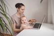 © Алина Троева - Young mother work studying from home with laptop computer during quarantine, little cute toddler baby on lap. Home office, parenthood. Remote work, distance education. Video conference virtual event.