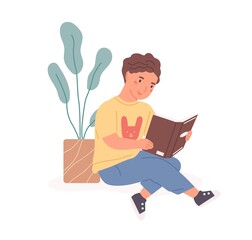 Poster - Happy boy sitting with open book in hands and reading it. Smiling kid studying with textbook. Colored flat cartoon vector illustration of smart child with literature isolated on white background