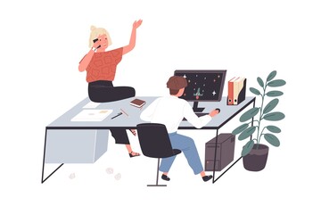 Poster - Lazy employees procrastinating, talking on phone and playing computer games at work in office. Careless workers relaxing during break. Colored flat vector illustration isolated on white background