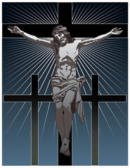 vector image of jesus christ crucified on the cross in the style of classical graphics postcard engraving icons