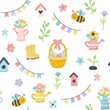 © Biscotto Design - Easter spring pattern with cute eggs, flowers, bees. Hand drawn flat cartoon elements. Vector illustration