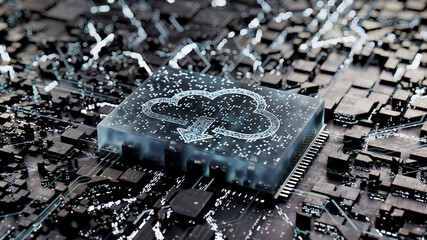 Data storage Technology Concept with cloud download symbol on a Microchip. Data flows from the CPU across a Futuristic Motherboard. 3D render.