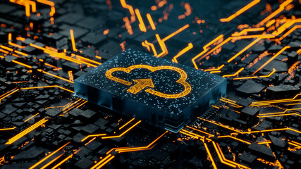 Data storage Technology Concept with cloud upload symbol on a Microchip. Data flows from the CPU across a Futuristic Motherboard. 3D render.