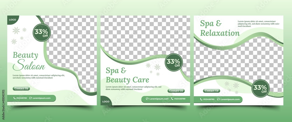 Set of Editable social media post template for spa and beauty. A green color scheme with flower decoration. Vector illustration with photo collage. Suitable for social media post, flyers, and web ads. - obrazy, fototapety, plakaty 