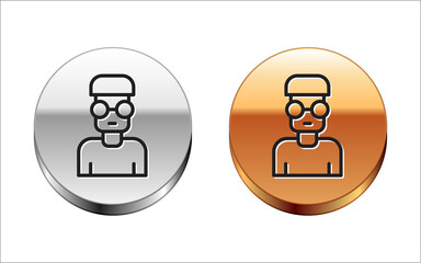 Poster - Black line Nerd geek icon isolated on white background. Silver-gold circle button. Vector.