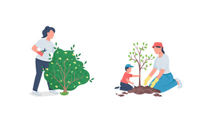 Poster - Working in garden flat color vector faceless character set. Mother and kid cultivate tree. Trim bush. Spring work in yard isolated cartoon illustration for web graphic design and animation collection