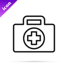 Wall Mural - Black line First aid kit icon isolated on white background. Medical box with cross. Medical equipment for emergency. Healthcare concept. Vector.