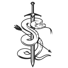 Hand Drawn Monochrome Concept With Medieval Sword, Wood Arrow And Poison Snake In Vintage Style. Design Composition For Tattoo, Print. Retro Vector Illustration Isolated On White Background.