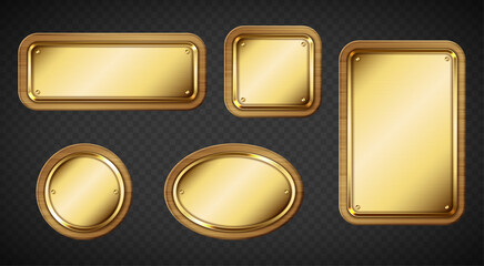 Poster - gold name plates with wooden frame and screws isolated on transparent background. vector realistic s