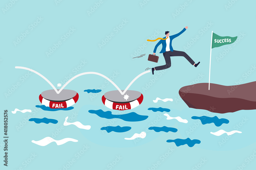 Fail to success, using failure to be lesson learn and creativity to achieve business success concept, smart business jumping on many time of failures floating on water and finally reach success flag. - obrazy, fototapety, plakaty 