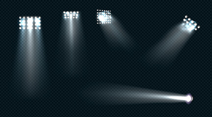 Poster - spotlights, stage light white beams, glowing design elements for studio, stadium or theater scene. l