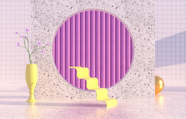 Poster - Beauty fashion podium backdrop with geometric shape and Spring flower. Terrazzo texture. 3d rendering scene.