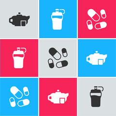 Poster - Set Teapot with cup, Fitness shaker and Vitamin pill icon. Vector.