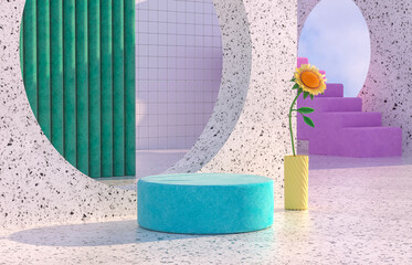 Poster - Beauty fashion podium backdrop with geometric shape and Spring flower. Terrazzo texture. 3d rendering scene.