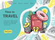 A travel banner with a suitcase, backpack, or airplane for a popular travel blog, landing page, or travel site. Hand-drawn vector illustration.