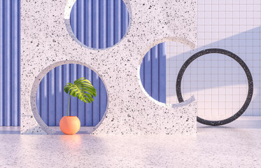 Poster - Beauty fashion podium backdrop with geometric shape and Spring flower. Terrazzo texture. 3d rendering scene.