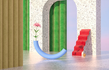 Poster - Beauty fashion podium backdrop with geometric shape and Spring flower. Terrazzo texture. 3d rendering scene.