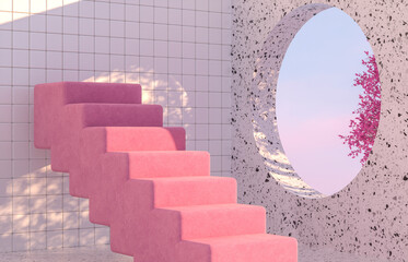 Poster - Beauty fashion podium backdrop with geometric shape and Spring flower. Terrazzo texture. 3d rendering scene.