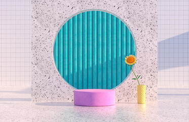 Aufkleber - Beauty fashion podium backdrop with geometric shape and Spring flower. Terrazzo texture. 3d rendering scene.