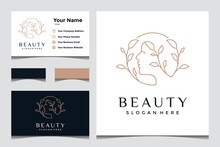 Beautiful Woman Face With Line Art Style Logo And Business Card Design. Abstract Design Concepts For Beauty Salons, Massage, Cosmetics And Spas.