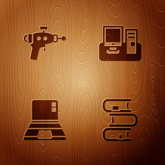 Poster - Set Book, Ray gun, Laptop and Monitor with keyboard on wooden background. Vector.