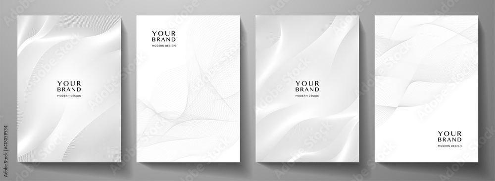 Modern cover design set. Gold abstract line pattern (guilloche curves) in light monochrome colors. Premium white stripe vector layout for business background, certificate, brochure template - obrazy, fototapety, plakaty 