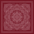 Decorative pattern of flowers and paisley for printing on fabric. Red ornament for a bandana, a silk neckerchief, a tablecloth or a kerchief. Square sketch in tribal or oriental style.