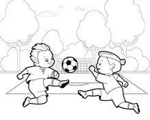 Coloring Book; Two Teenage Boys Play A Soccer Ball On The Background Of A Football Field. Vector Illustration In Cartoon Style, Black And White Line Art