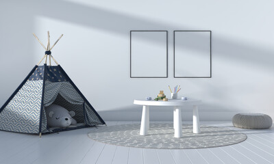 Sticker - 3D rendering of the interior of a modern kids bedroom with a teepee tent and empty frames