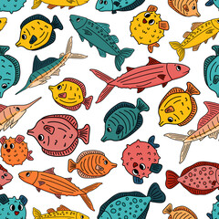 Wall Mural - Bright Seamless pattern of Doodle isolated pink yellow blue outline cartoon vector fish, tang, flounder, tuna, ocean burrfish, sea marlin. Illustration on white background for children book or prints.