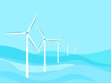 Wind Turbines At Sea. Offshore Wind Farm. Renewable Green Energy, Clean Production Of Electricity. Seascape With Waves In A Flat Style. Vector Illustration