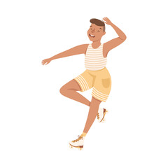 Sticker - Excited Man Character Dancing on Roller Skates Vector Illustration