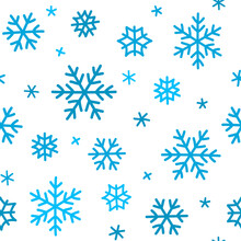Vector Seamless Pattern With Cute Cartoon Snowflakes. Multi-colored Blue Flakes Of Snow Isolated On A White Background. Hand Draw Doodle Style. For Web Page Fill, Wallpaper, Textile, Fabric, Packaging