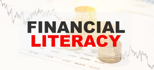 FINANCIAL LITERACY - business text on a background of coins, financial graphics on a light background