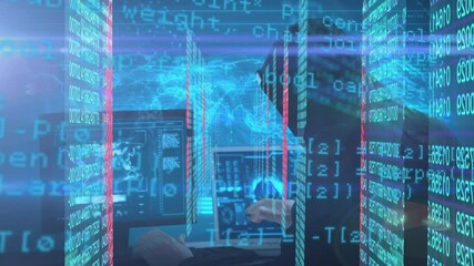 Poster - Animation of interface showing data and information with masked hacker using laptop in server room
