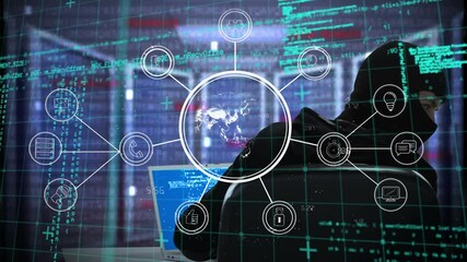 Poster - Animation of interface with globe and connected icons and and hooded hacker using laptop computer