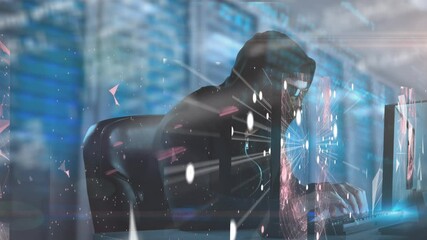 Poster - Animation of data and network connections with hooded hacker using laptop in server room