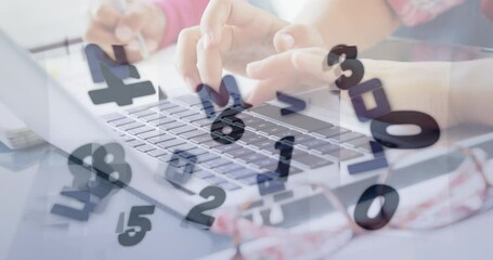 Poster - Animation of words and numbers changing over woman using laptop