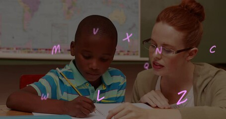 Poster - Animation of floating pink letters over boy and teacher sitting in classroom writing