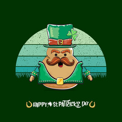 Happy saint patricks day greeting card with funky leprechaun potato character with green particks hat isolated on green background with vintage sun. Rock n roll saint Patrick vegetable character