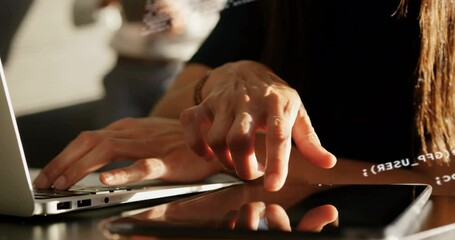 Poster - Animation of data processing over of woman using laptop and tablet