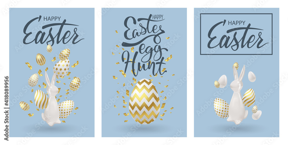 Easter posters or flyers design set with realistic 3d decoration. Golden eggs, ceramic bunny and cold confetti. Happy easter celebrating event cards, egg festival banners. Vector illustration. - obrazy, fototapety, plakaty 