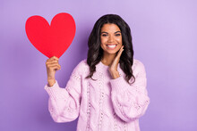 Photo Of Young Attractive Afro Girl Happy Positive Smile Hold Big Red Paper Heart Love Romantic Isolated Over Purple Color Background