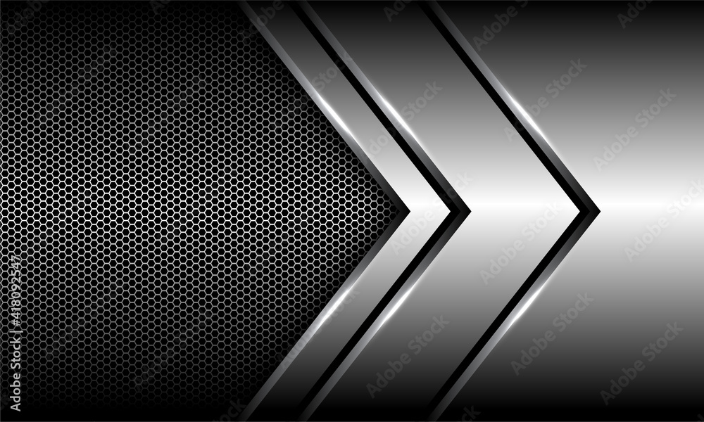 Abstract silver arrow direction overlap on hexagon mesh design modern luxury futuristic background vector illustration. - obrazy, fototapety, plakaty 
